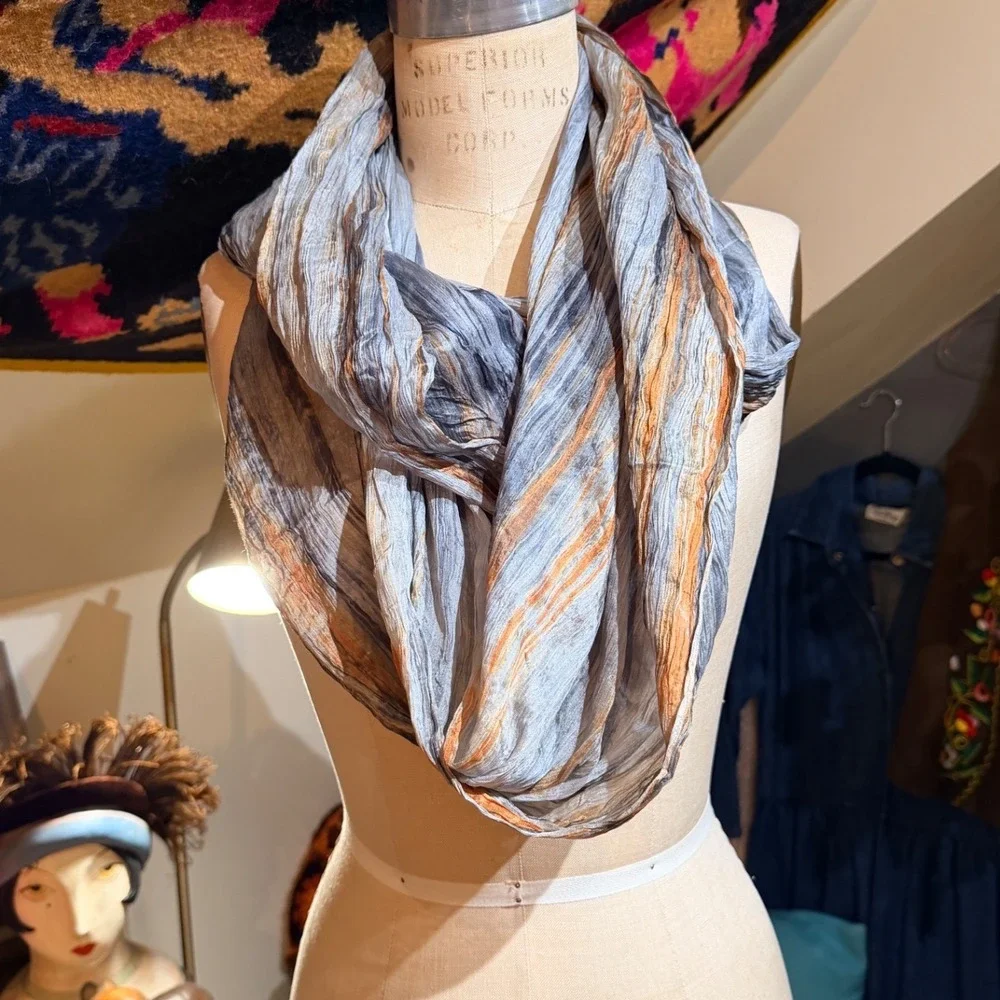 Lua 100% Silk Infinity Scarf Crinkled Abstract‎ Stripe Blue Orange Grey Vietnam